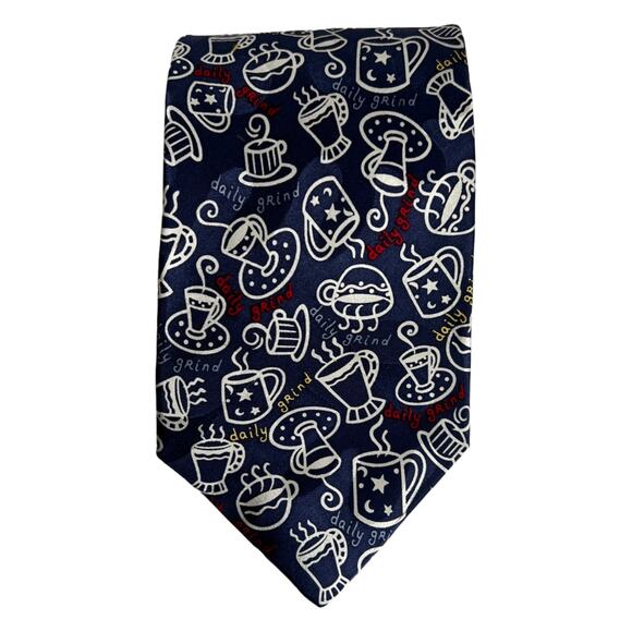 Vintage Coffee Tie NOVELTIES Hallmark 1996 Daily Grind, USA Silk Navy Blue - Picture 1 of 8